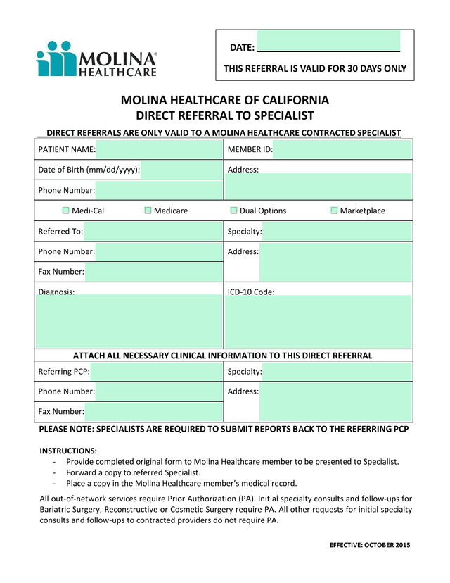 Molina Healthcare Of California Direct Referral To Specialist screenshot