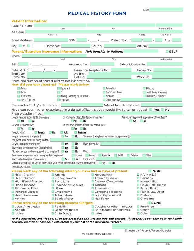 MEDICAL HISTORY FORM screenshot