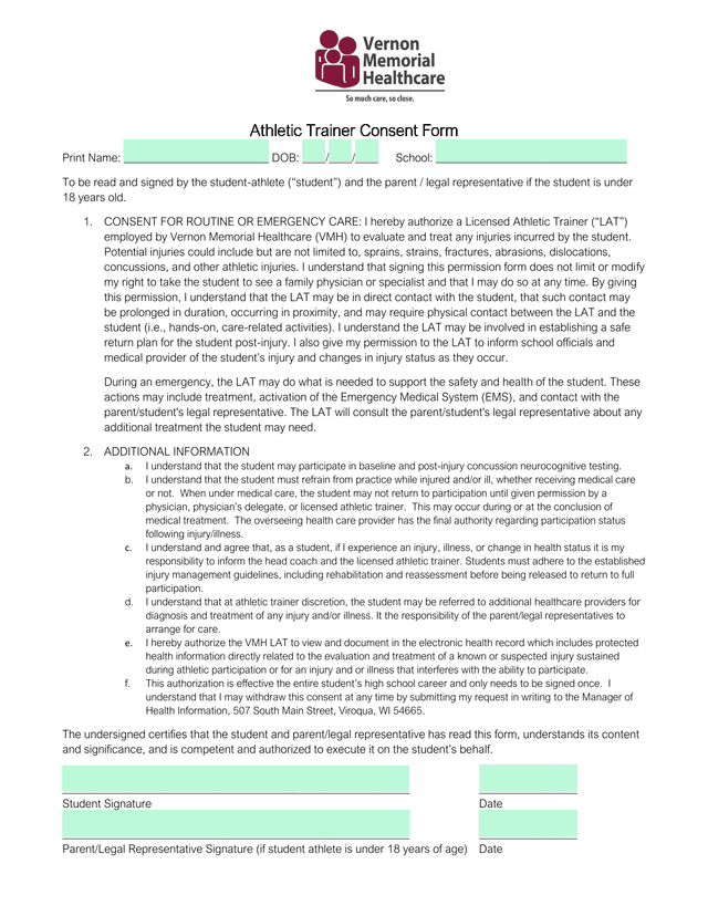 Athletic Trainer Consent Form screenshot