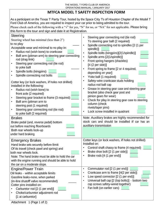 MTFCA Model T Safety Inspection Form screenshot