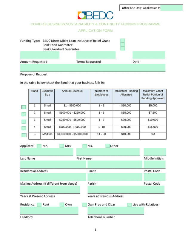 COVID 19 BUSINESS SUSTAINABILITY  CONTINUITY FUNDING PROGRAMME APPLICATION FORM screenshot