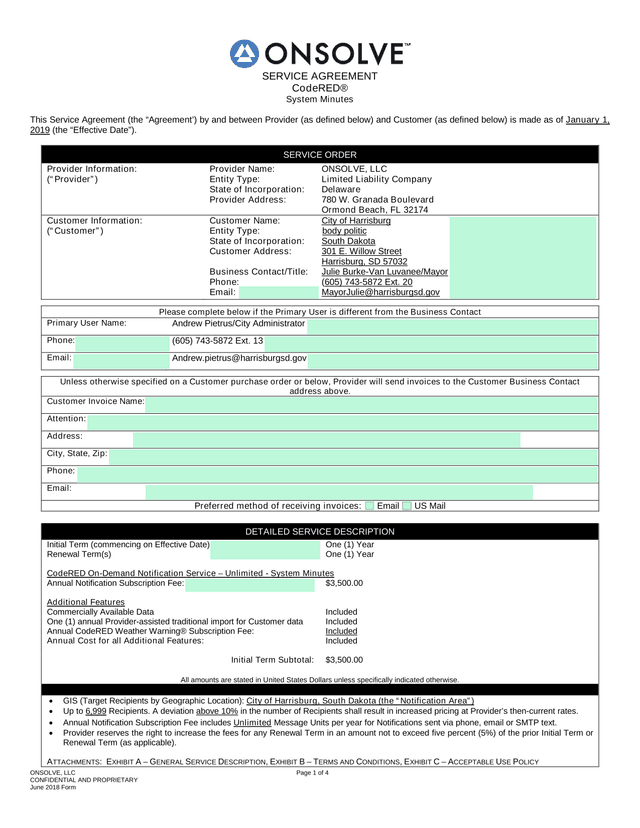 SERVICE AGREEMENT CodeRED System Minutes screenshot
