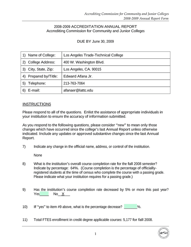 2008 2009 Accreditation Annual Report screenshot
