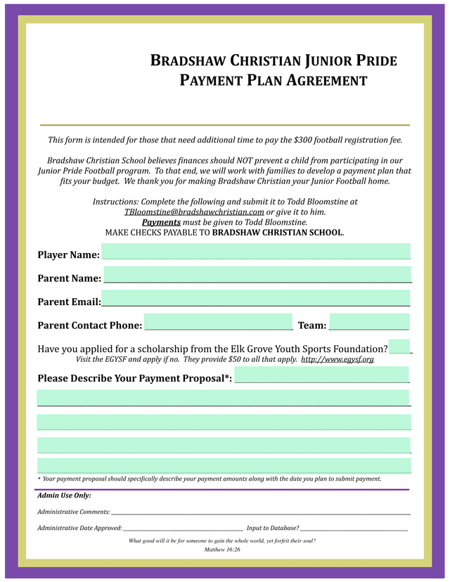 Bradshaw Christian Junior Pride Payment Plan Form screenshot