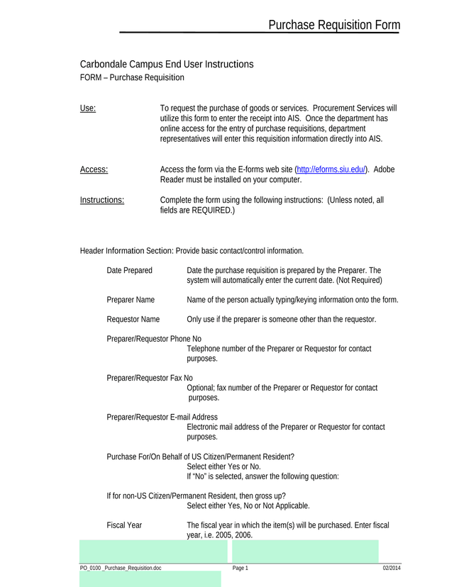 Purchase Requisition Form screenshot