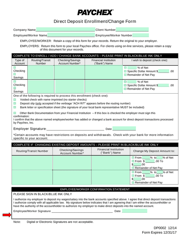Direct Deposit EnrollmentChange Form screenshot