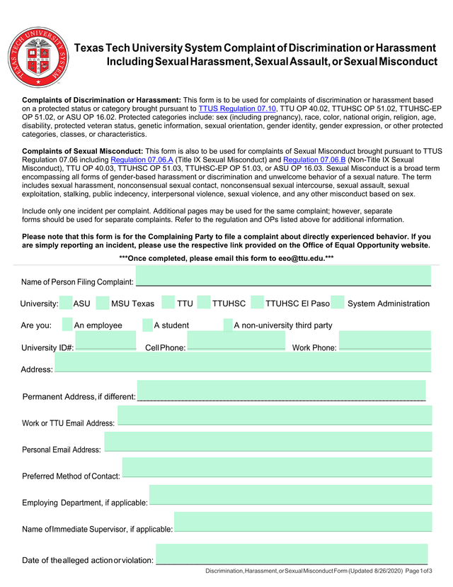 Discrimination, Harassment, Or Sexual Misconduct Form screenshot