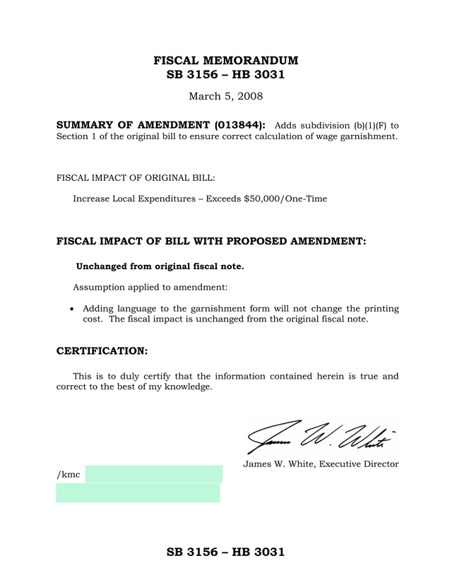 SB 3156  HB 3031 Fiscal Memorandum screenshot