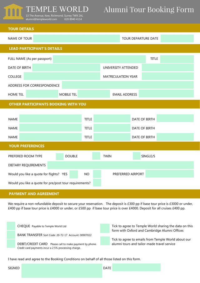 Alumni Tour Booking Form screenshot