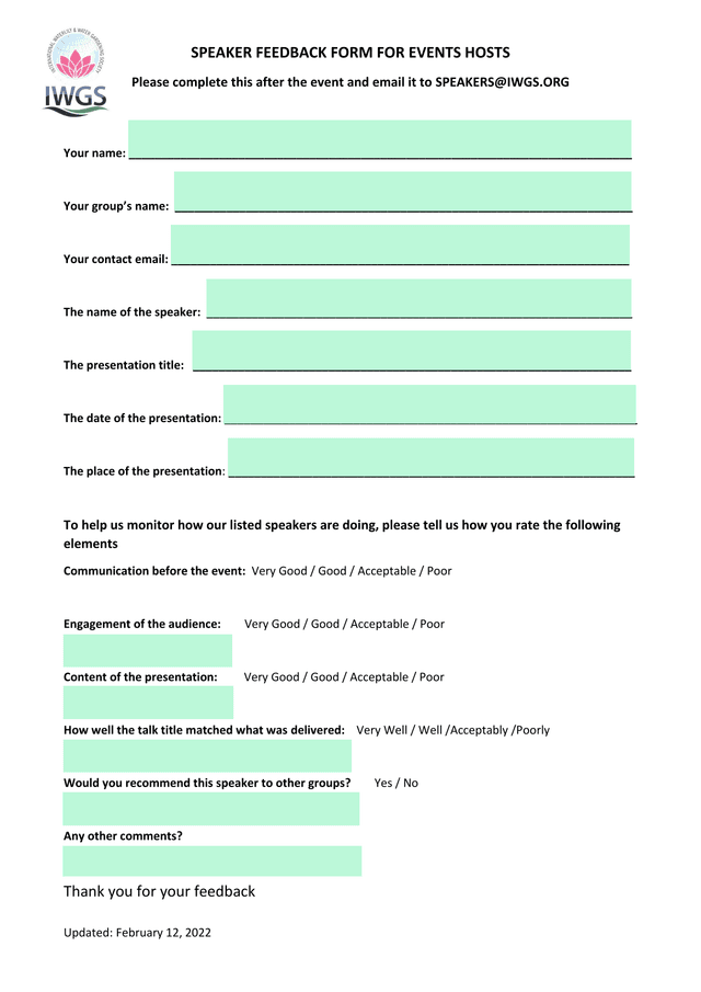SPEAKER FEEDBACK FORM FOR EVENTS HOSTS screenshot