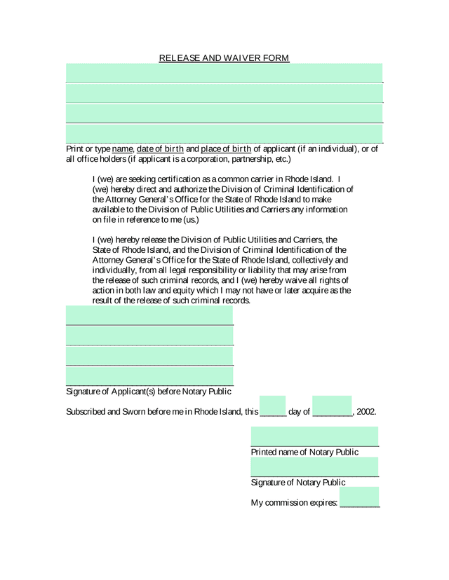 RELEASE AND WAIVER FORM screenshot