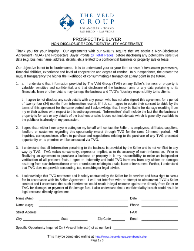Prospective Buyer Non Disclosure  Confidentiality Agreement screenshot