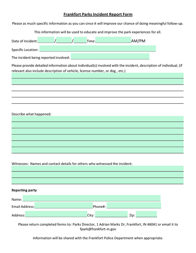 Frankfort Parks Incident Report Form screenshot