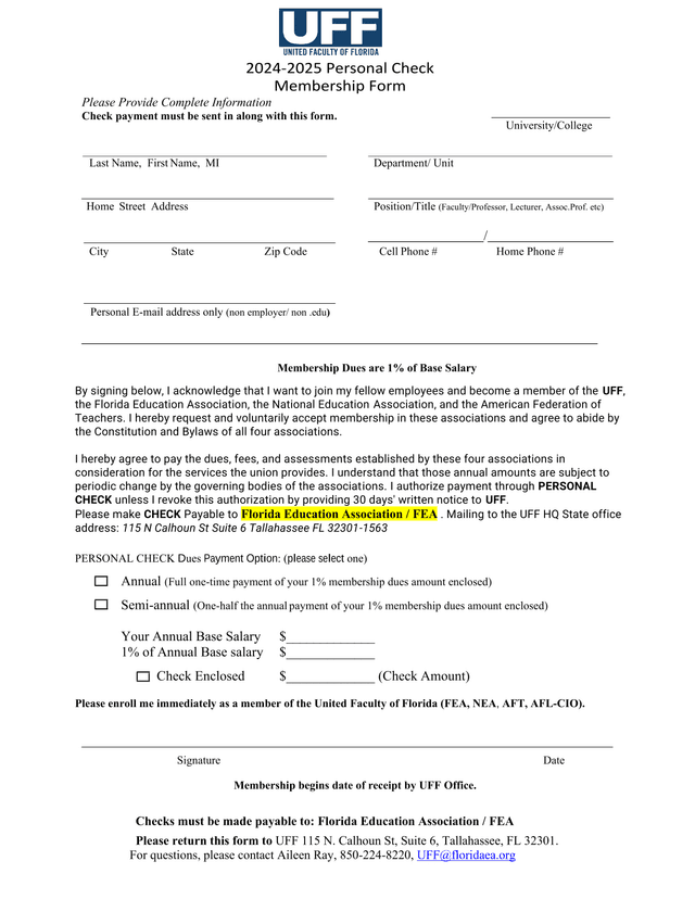 2024 2025 Personal Check Membership Form screenshot