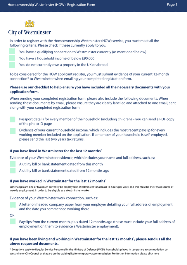 Homeownership Westminster (HOW) Registration Form screenshot