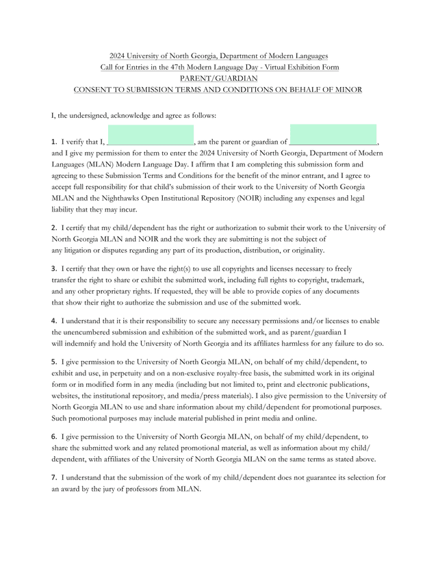ParentGuardian Consent To Submission Terms And Conditions On Behalf Of Minor screenshot