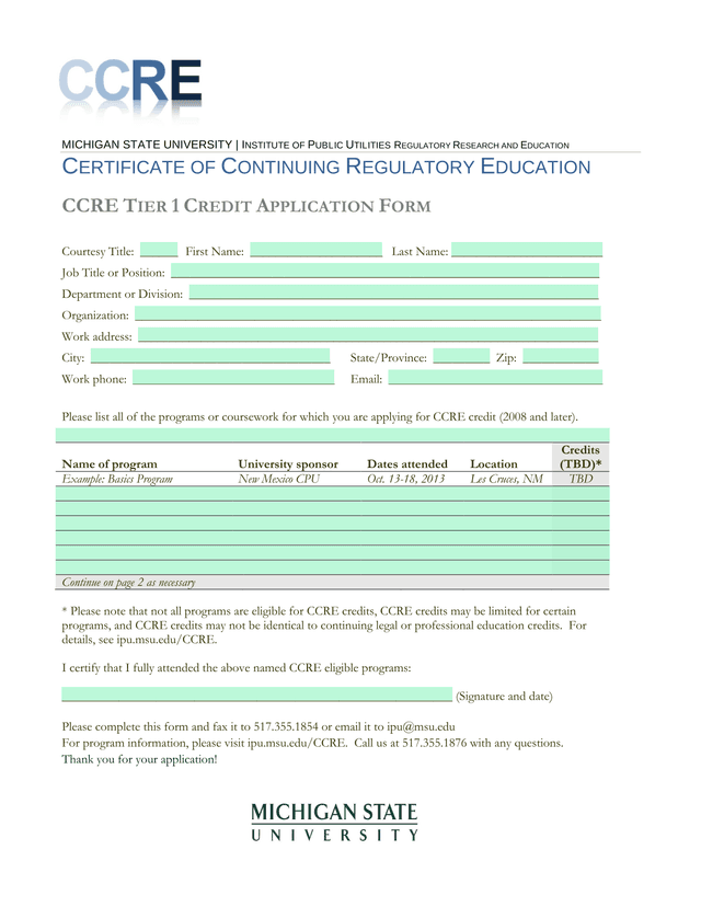 CCRE TIER 1 CREDIT APPLICATION FORM screenshot
