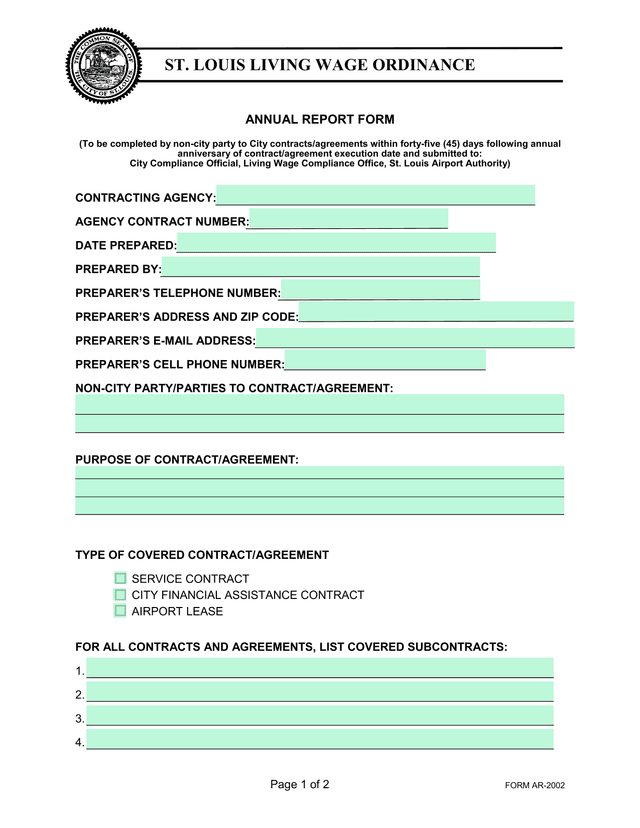 ST. LOUIS LIVING WAGE ORDINANCE ANNUAL REPORT FORM screenshot