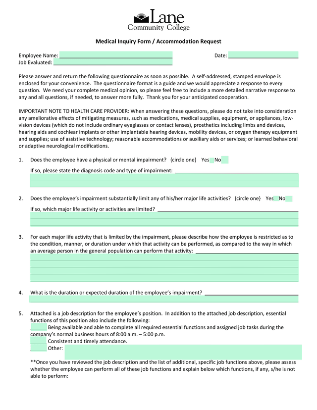 Medical Inquiry Form  Accommodation Request screenshot