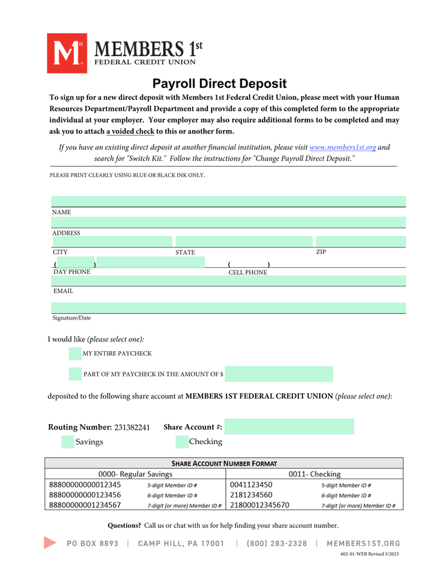 Direct Deposit Form screenshot