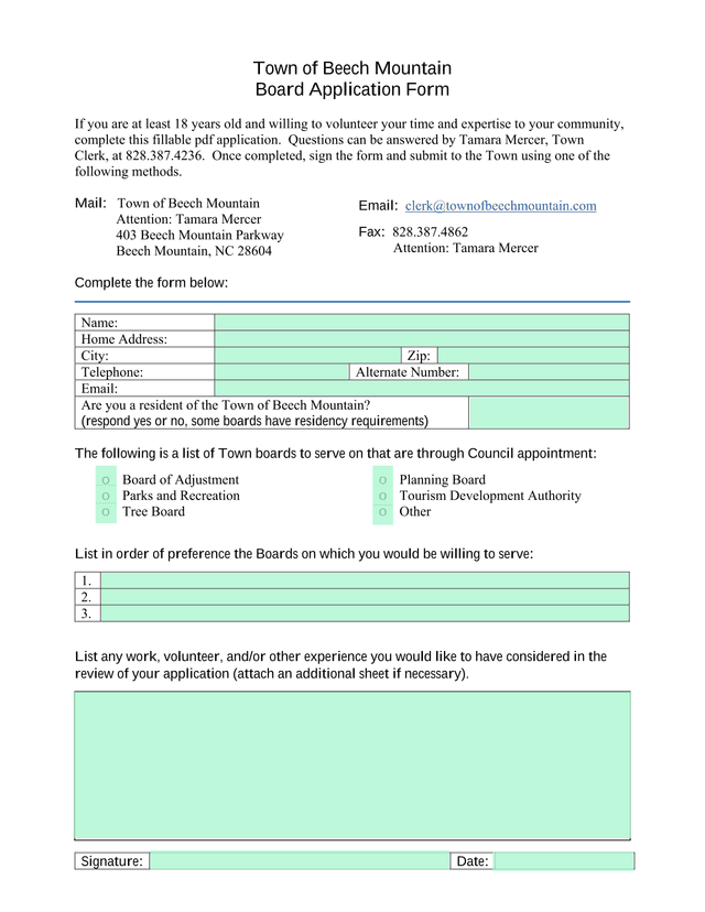 Town Of Beech Mountain Board Application Form screenshot