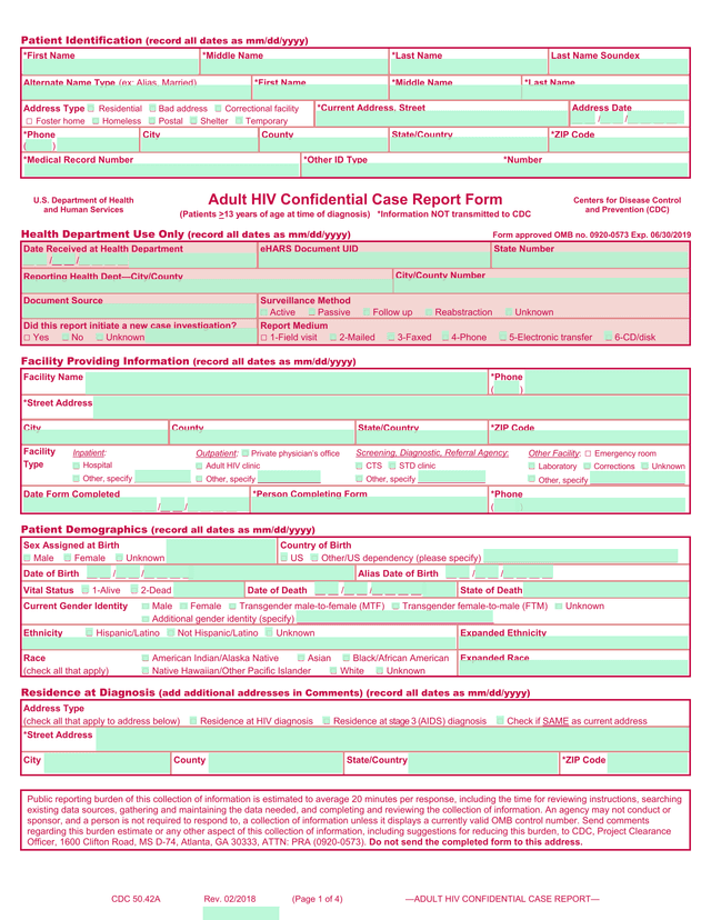 CDC 50.42A Adult HIV Confidential Case Report screenshot