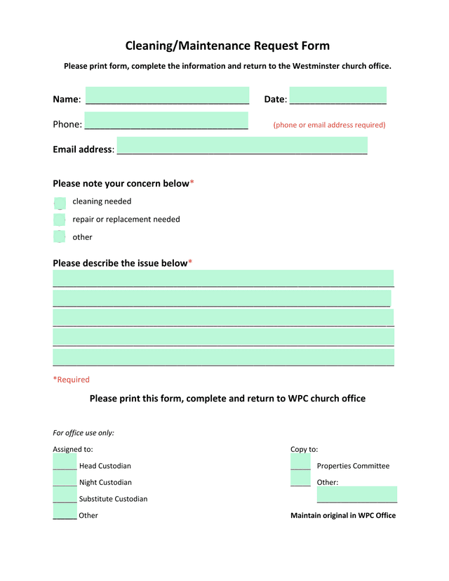 CleaningMaintenance Request Form screenshot