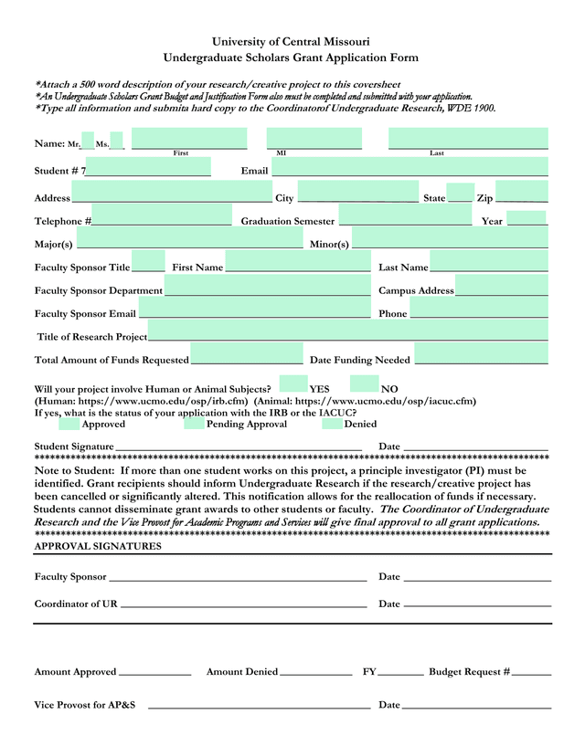 Undergraduate Scholars Grant Application Form screenshot