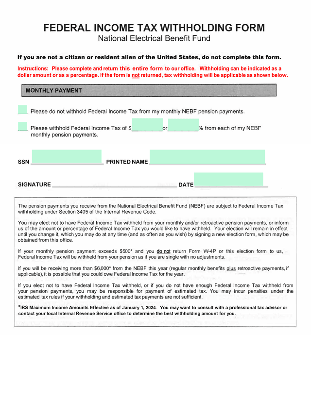 Federal Income Tax Withholding Form screenshot