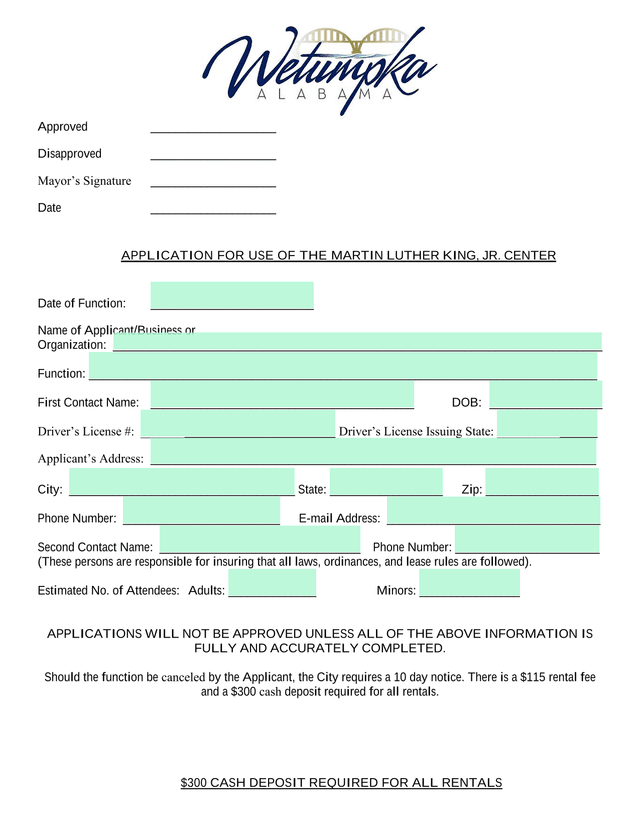 APPLICATION FOR USE OF THE MARTIN LUTHER KING, JR. CENTER screenshot