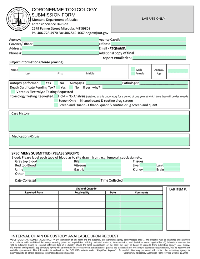 CoronerME Toxicology Submission Form screenshot