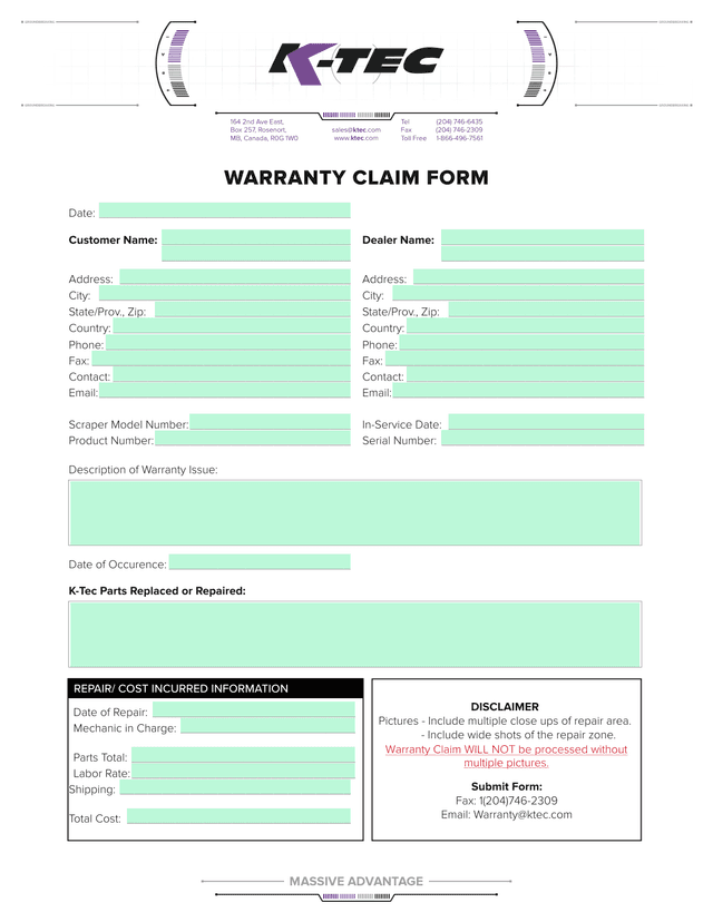 WARRANTY CLAIM FORM screenshot