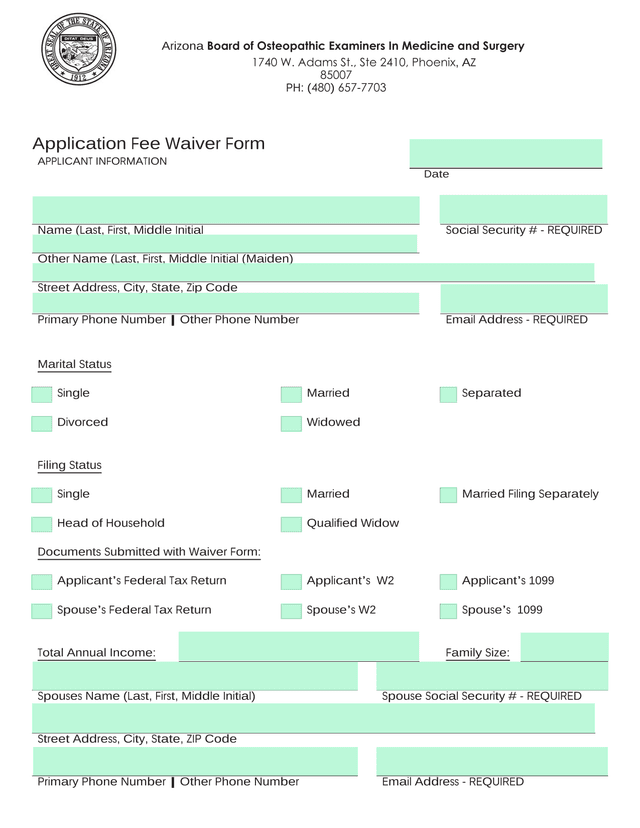 Application Fee Waiver Form screenshot
