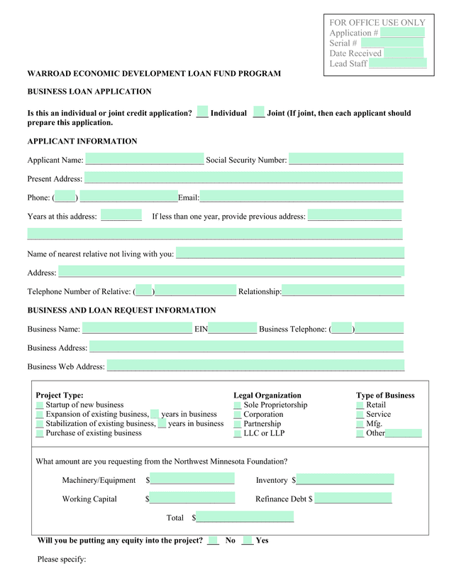 WARROAD ECONOMIC DEVELOPMENT LOAN FUND PROGRAM BUSINESS LOAN APPLICATION screenshot