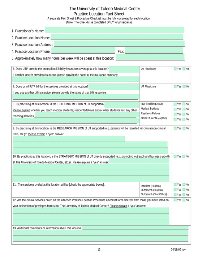 Practice Location Fact Sheet screenshot