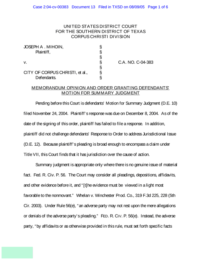 Memorandum Opinion And Order Granting Defendants Motion For Summary Judgment screenshot