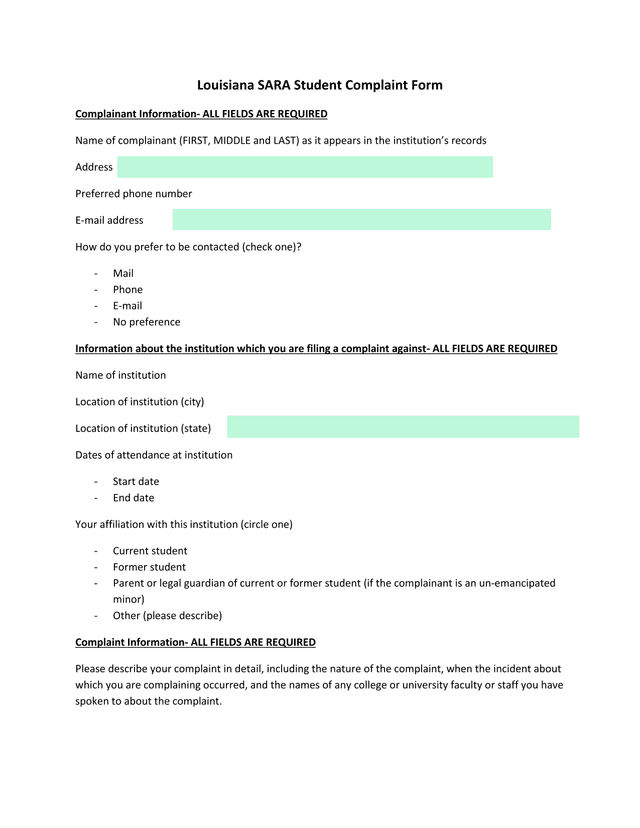 Louisiana SARA Student Complaint Form screenshot