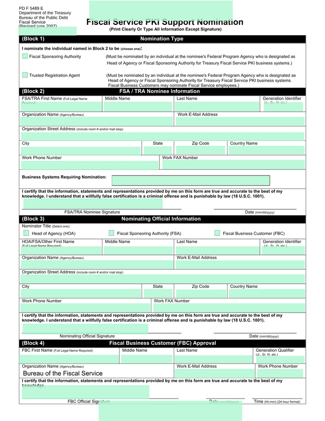 Fiscal Service PKI Support Nomination screenshot