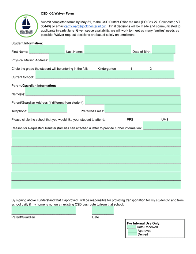 CSD K 2 Waiver Form screenshot