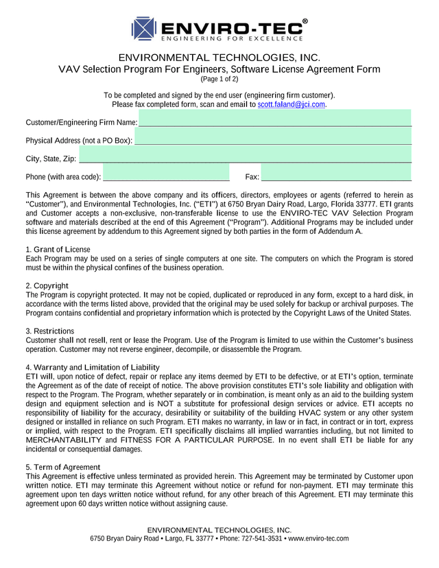 VAV Selection Program For Engineers, Software License Agreement Form screenshot