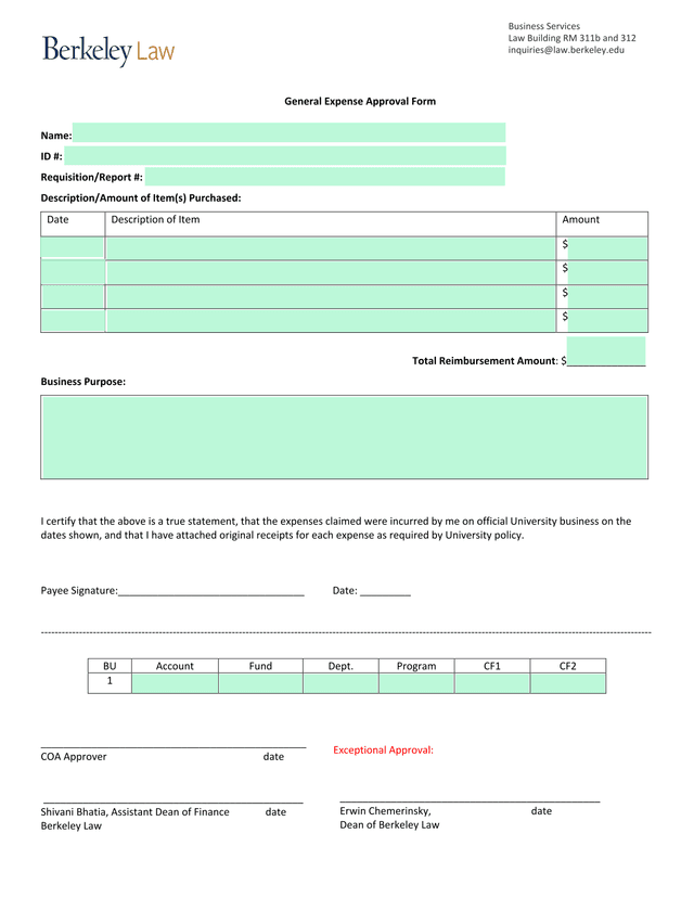 General Expense Approval Form screenshot