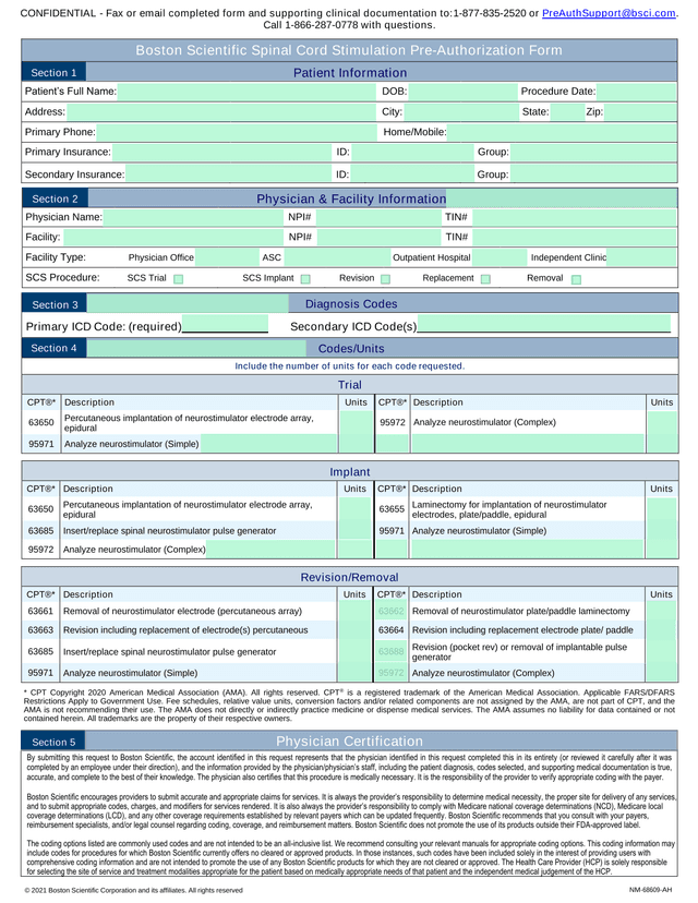 Boston Scientific Spinal Cord Stimulation Pre Authorization Form screenshot