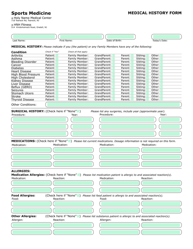 Medical History Form screenshot