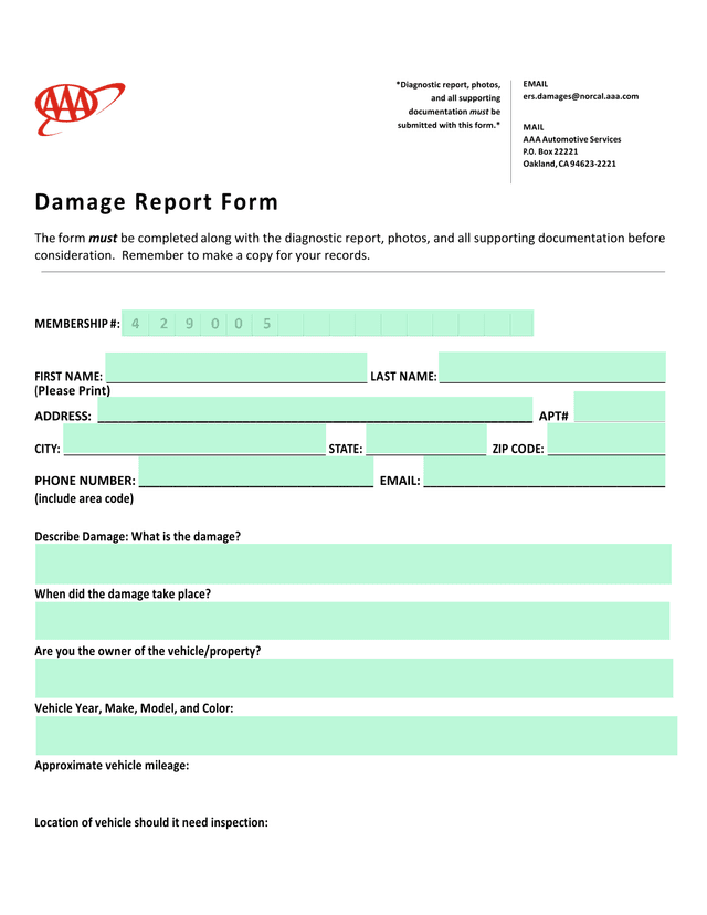 Damage Report Form screenshot