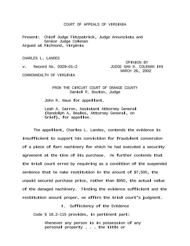 Court Of Appeals Of Virginia Opinion   Charles L. Landes V. Commonwealth Of Virginia screenshot