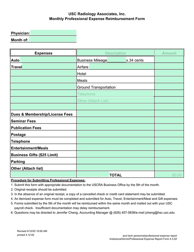 Monthly Professional Expense Reimbursement Form screenshot