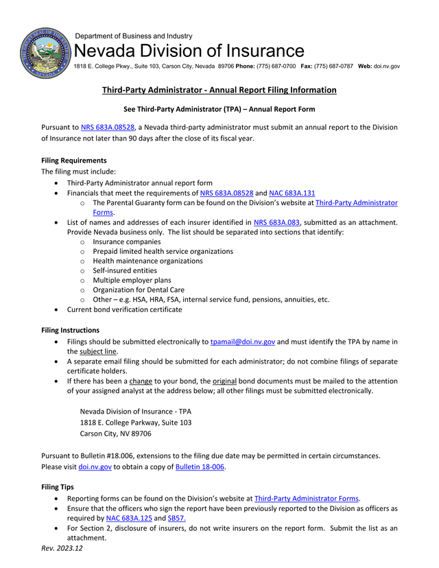 Third Party Administrator   Annual Report Filing Information screenshot