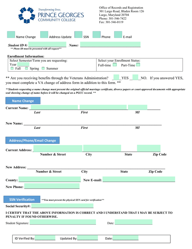 Student Information Change Form screenshot