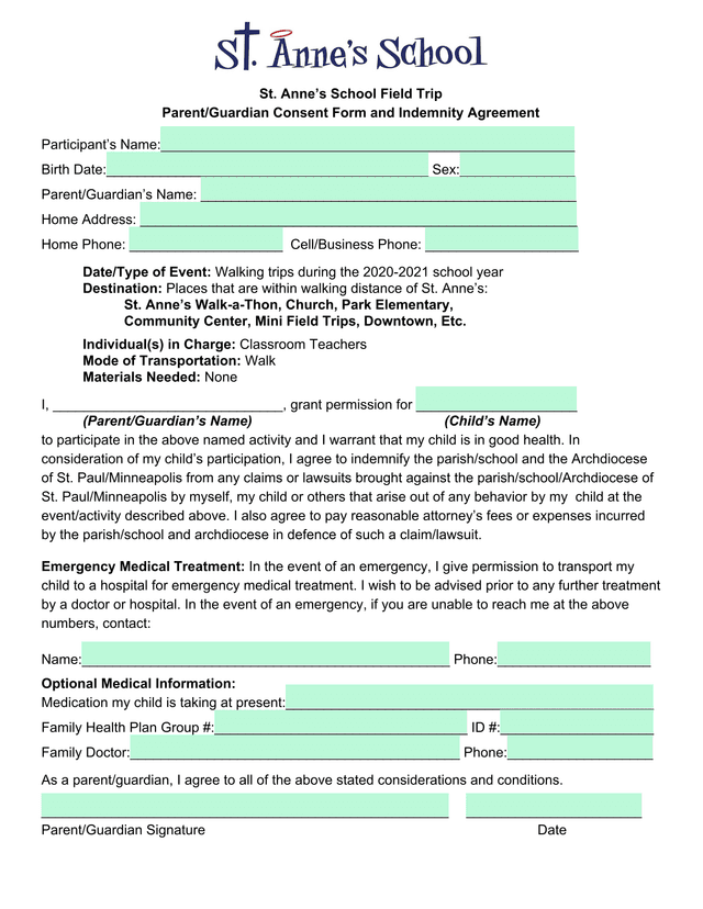 St. AnneS School Field Trip ParentGuardian Consent Form And Indemnity Agreement screenshot