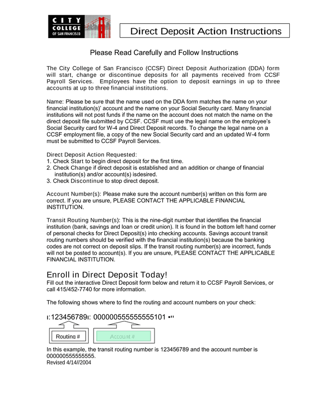 Direct Deposit Action Instructions screenshot